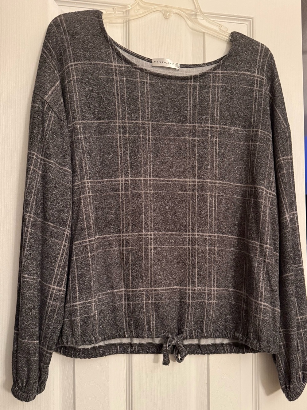 Plaid Drawstring Hem Long Sleeve Top - Gray by Retrelogy